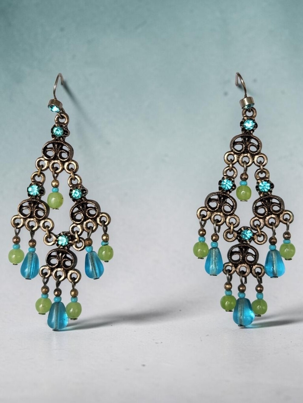Boho Dangle Antiqued Gold Tone Filigree Chandelier Earrings with Aqua Beads
